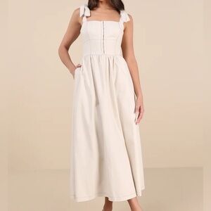 NWT Lulu's Callina Cream Midi Tie-Strap Dress size Medium